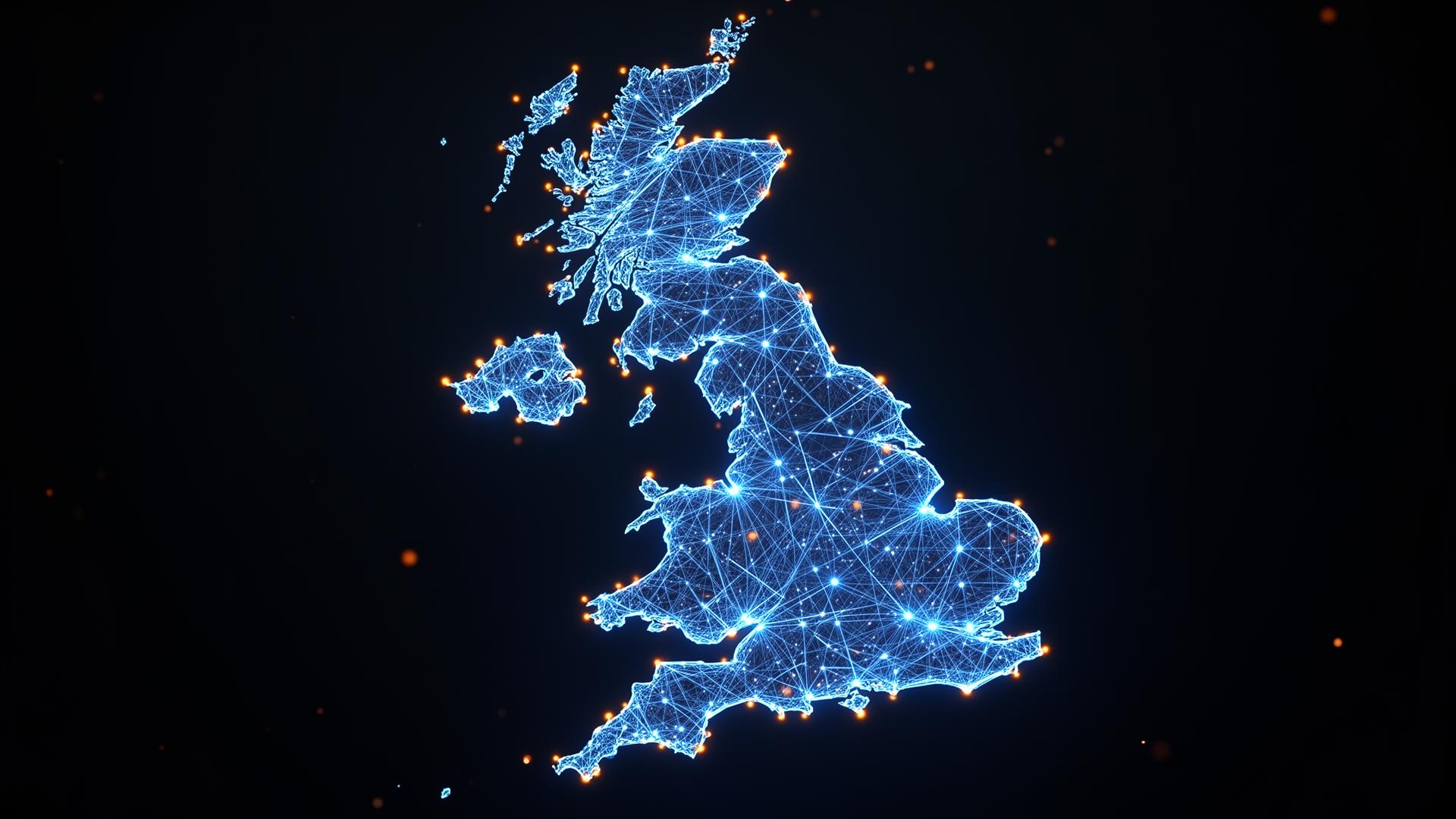 Network of glowing nodes forming a UK map