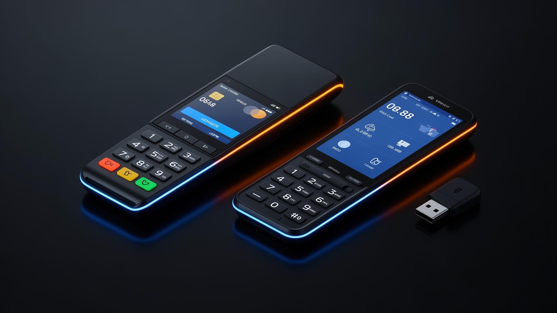 Three card machines on dark reflective surface