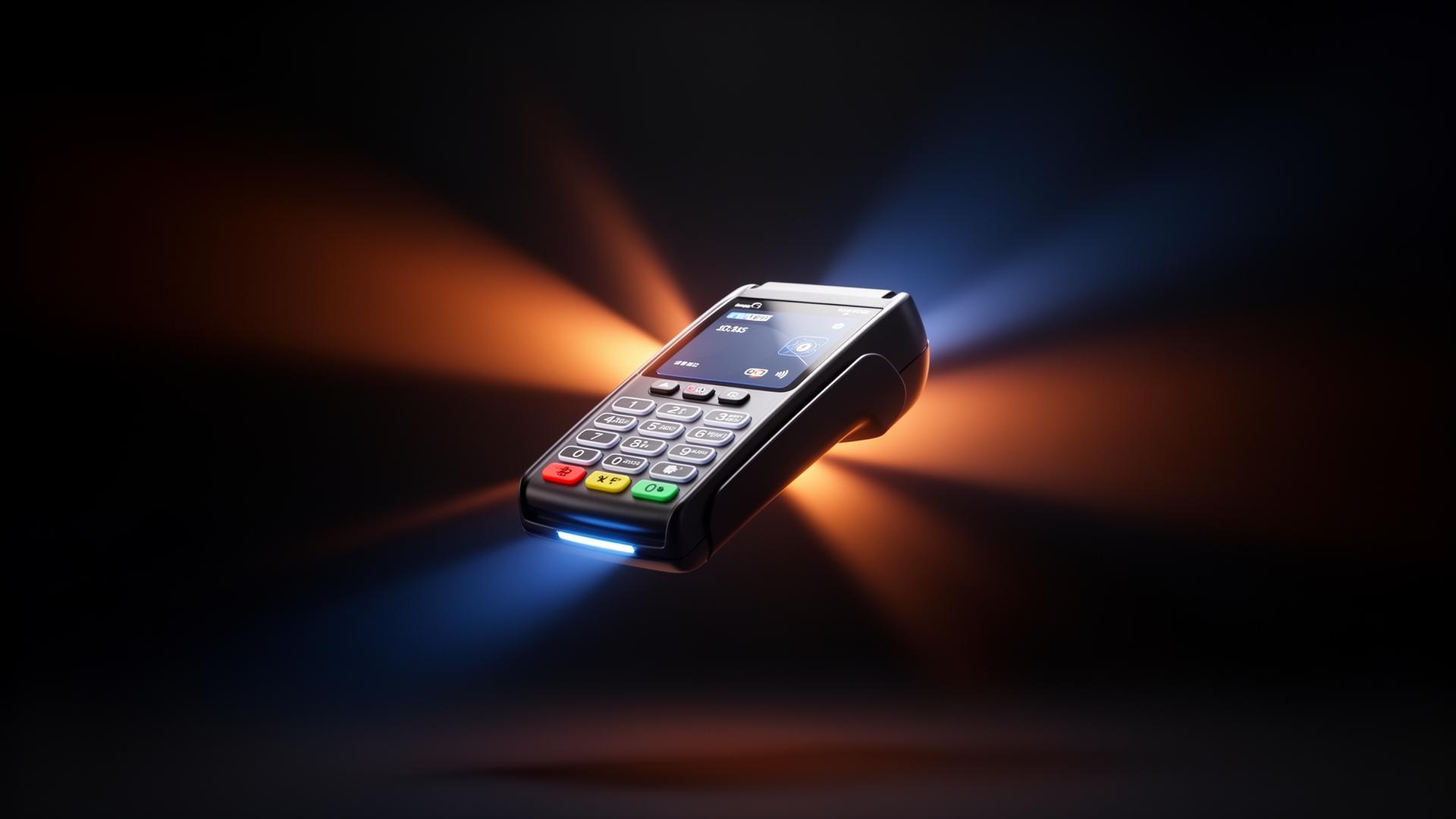 Floating card machine emitting blue and orange light beams