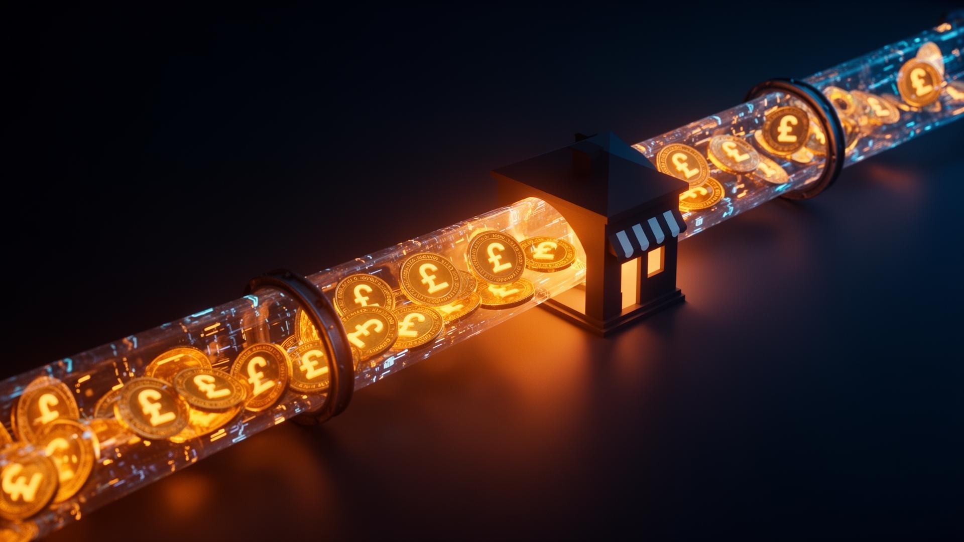 Pound coins flowing through a glowing pipeline into a small storefront
